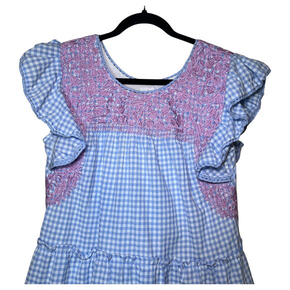 J.Marie Flutter Ruffled Sleeve Embroidered Gingham Midi Dress Blue Pink Small - Picture 3 of 6